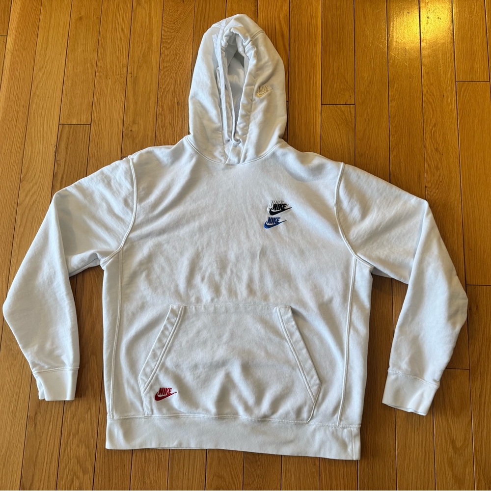 Nike 7 Logo White Men's Pullover Hoodie with Multicolor Logos size Large